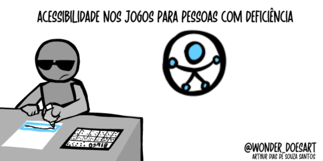 Ilustração em estilo de quadrinho com figuras simples e cores suaves que transmitem inclusão e clareza visual.