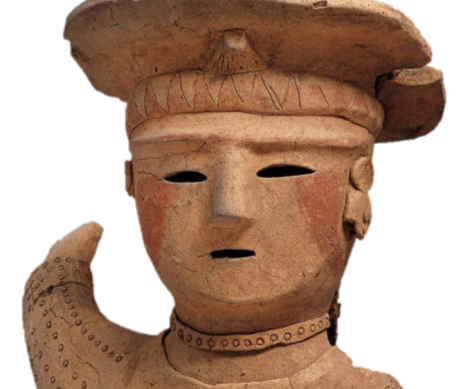 Clay figurines with red pigments and face ornaments: a) part of an anthropomorphic haniwa - female shrine attendant MET 2015.300.255